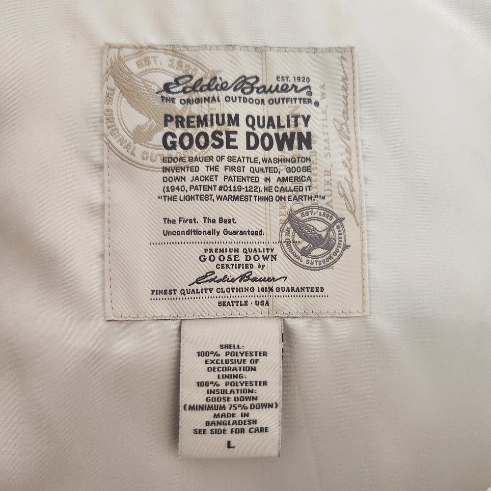 Eddie Bauer Premium Quality Goose Down Zip Vest Zip Pockets Size L Cream - Picture 10 of 13
